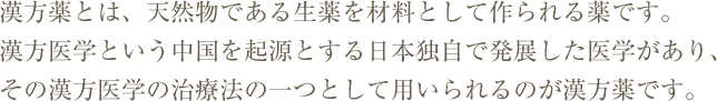 漢方薬とは、天然物である生薬を材料として作られる薬です。漢方医学という中国を起源とする日本独自で発展した医学があり、その漢方医学の治療法の一つとして用いられるのが漢方薬です